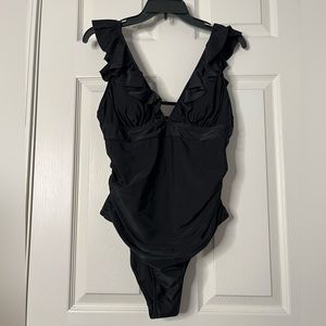 NWT Cupshe ruffle slimming black open back one piece